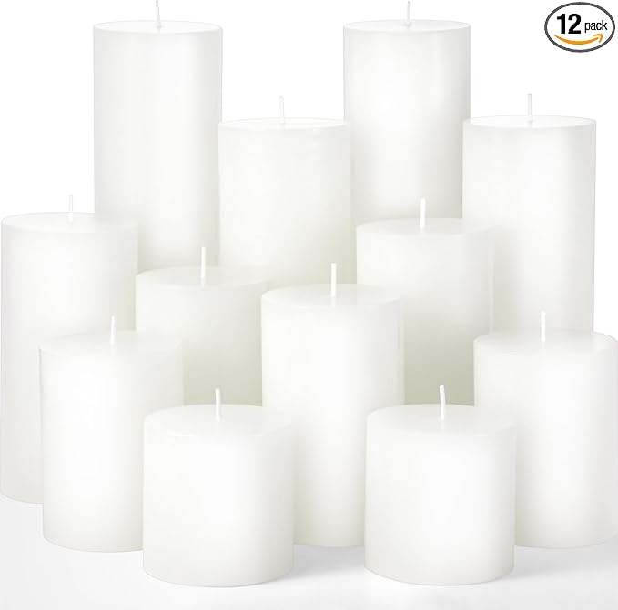 Shihanee 12 Pcs Pillar Candles 3 in x 3,4,5,6,8,10 Dripless Unscented Smokeless Candle Long Burning Decorative Rustic Candles with Cotton Wick for Wedding Home Fireplace (White)