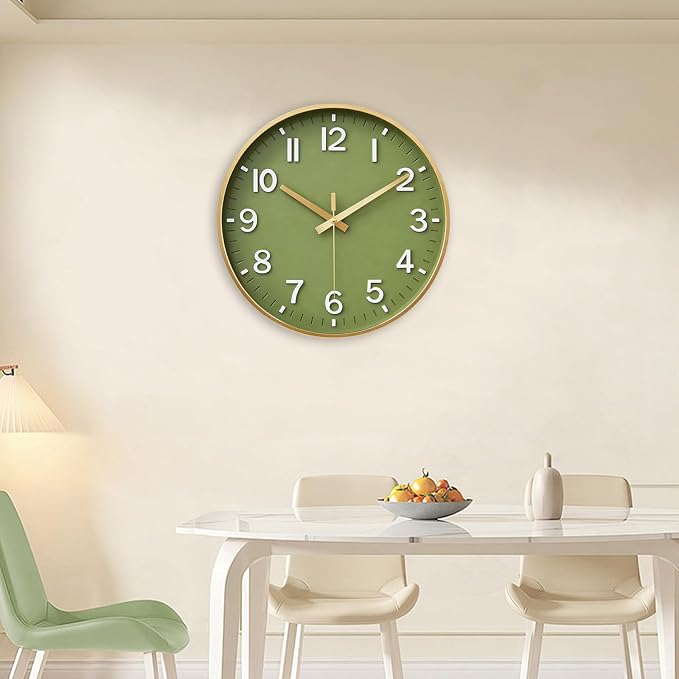 HZDHCLH Wall Clocks Battery Operated,Wall Clock Green Gold,10 inch Wall Clock Silent Non Ticking Modern 3D Numbers for Kitchen Bedroom Living Room Office Classroom Decor