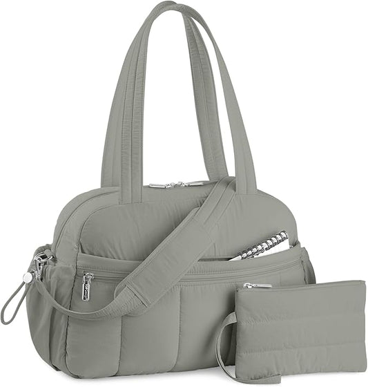 TOPDesign Travel Duffel Bag for Women, Puffer Gym Bag Sports Tote with Wet Pocket, Carry On Weekender with Luggage Sleeve (Grey)
