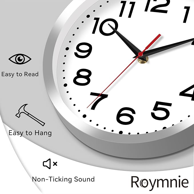 Roymnie Wall Clock Silent Non-Ticking Modern Clock Battery Operated 8 Inch Small Classic Analog Decorative for Kitchen, Bathroom, Office, Bedroom, Home(Silver)