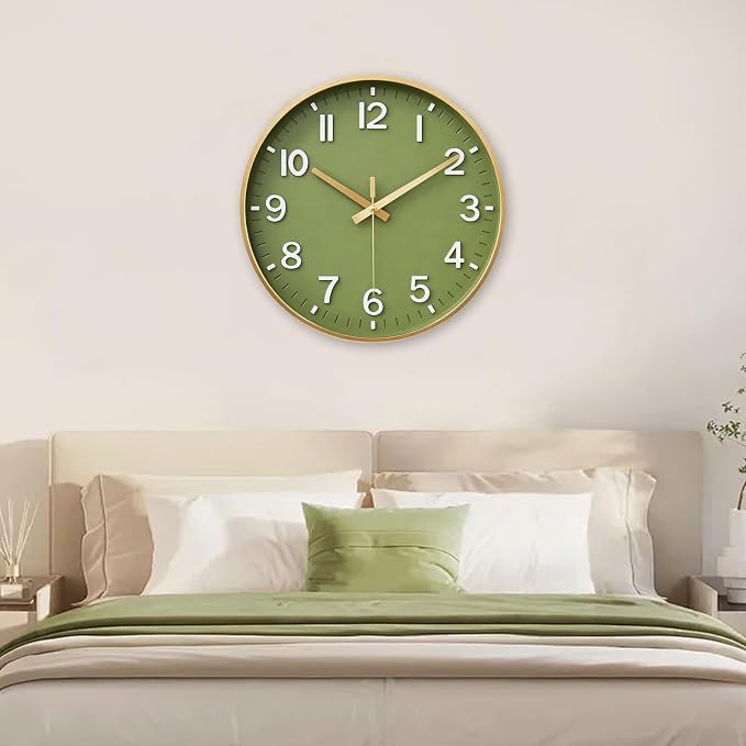 HZDHCLH Wall Clocks Battery Operated,Wall Clock Green Gold,12 inch Wall Clock Silent Non Ticking Modern 3D Numbers for Kitchen Bedroom Living Room Office Classroom Decor