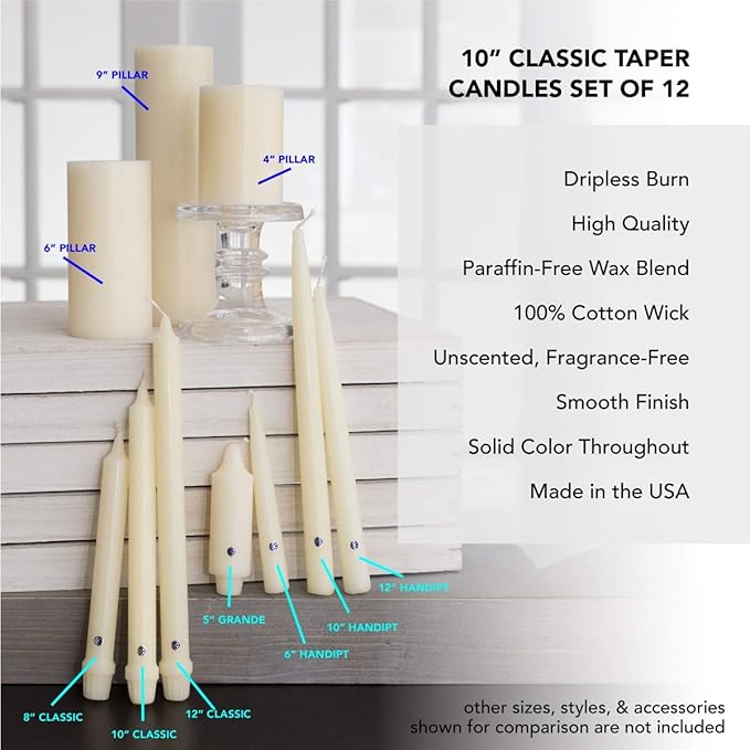 Colonial Candle Unscented Taper Candle, Classic Collection, Limoncello, 10 in, Pack of 12 - Up to 8 Hours Burn