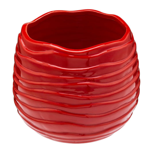 MyGift 5.5 Inch Modern Red Ceramic Plant Pot with Drainage Hole and Decorative Wavy Design, Small Succulent Planter Container