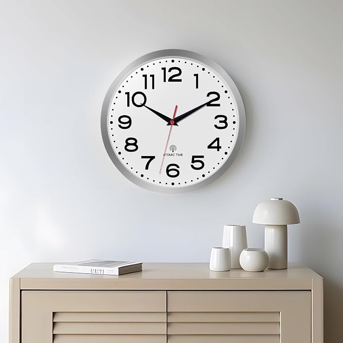Roymnie Atomic Wall Clock 12 Inch, Modern Clock Battery Operated Classic Analog Decorative for Kitchen, Living Room, Office, Bedroom, Bathroom (Silver)