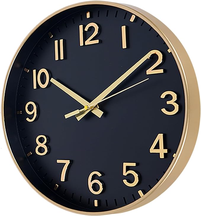 HZDHCLH Wall Clocks Battery Operated,Wall Clock Black Gold,12 inch Wall Clock Silent Non Ticking Modern 3D Numbers for Kitchen Bedroom Living Room Office Classroom Decor