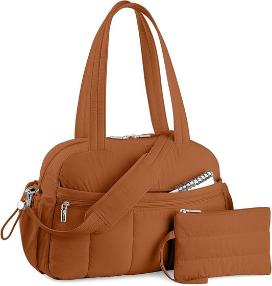 TOPDesign Travel Duffel Bag for Women, Puffer Gym Bag Sports Tote with Wet Pocket, Carry On Weekender with Luggage Sleeve (Brown)