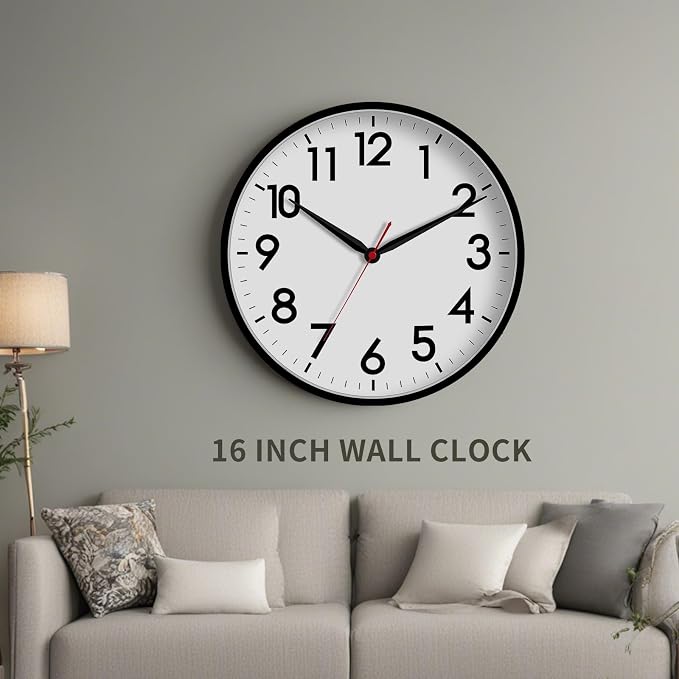 AKCISOT 16 Inch Wall Clock Large Silent Non-Ticking Wall Clocks Battery Operated - Analog Classic Clock Decorative for Living Room, Office, Home, School(Black)