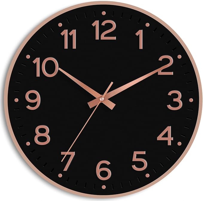 Roymnie Wall Clock 12 Inch Silent Wall Clocks Battery Operated-Modern Non Ticking Analog Clock Decorative for Kitchen Bedroom Office (Black Rose Gold)