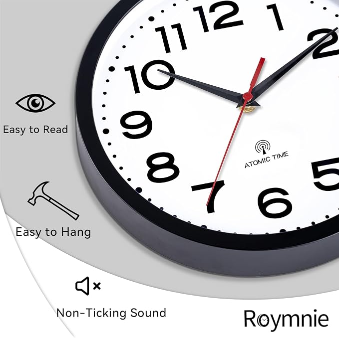 Roymnie Atomic Wall Clock 10 Inch, Modern Clock Battery Operated Classic Analog Decorative for Kitchen, Living Room, Office, Bedroom, Bathroom (Black)