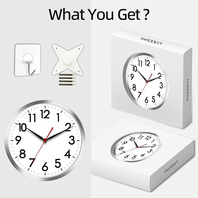 AKCISOT Wall Clock 14 Inch Large Silent Wall Clocks Battery Operated, Silver Modern Non-Ticking Clock Decorative for Living Room,Kitchen,Bathroom,Bedroom,Office,Home,Classroom,School
