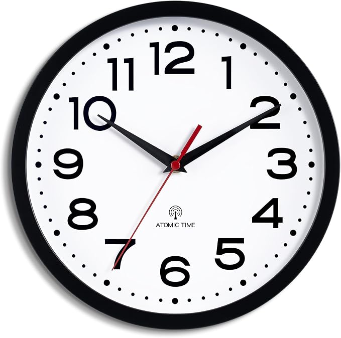Roymnie Atomic Wall Clock 10 Inch, Modern Clock Battery Operated Classic Analog Decorative for Kitchen, Living Room, Office, Bedroom, Bathroom (Black)