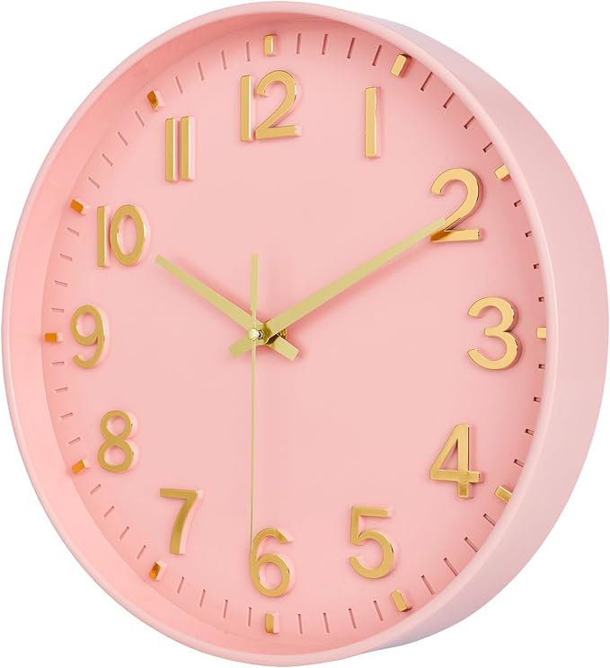 HZDHCLH Wall Clocks Battery Operated,Wall Clock Pink Gold 8 inch Wall Clock Silent Non Ticking Modern 3D Numbers for Office Kitchen Classroom Bedroom Living Room Decor
