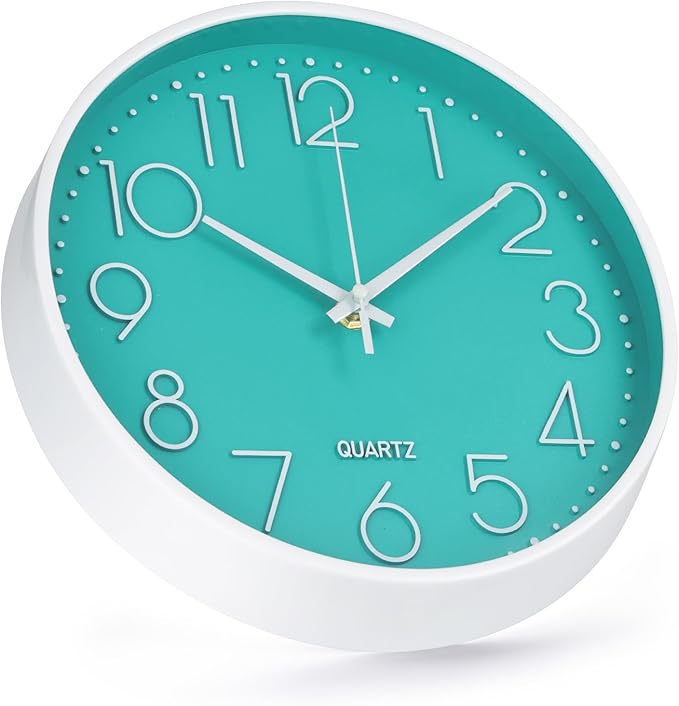 Wall Clock Non-Ticking Silent Modern Simple Style Round Decor Clock Stereoscopic Dial Quartz Wall Clocks for Home/Office/School/Living Room/Bedroom/Kitchen (Turquoise, 12inch)