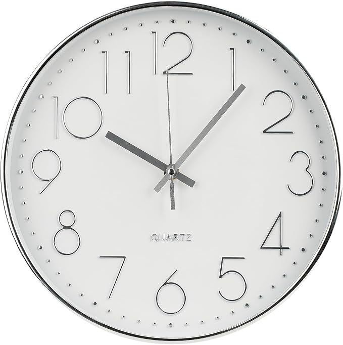 Wall Clock 12 Inch Non-Ticking Silent Modern Simple Style Round Decor Clock Silver Stereoscopic Dial Quartz Wall Clocks for Home/Office/School/Living Room/Bedroom/Kitchen