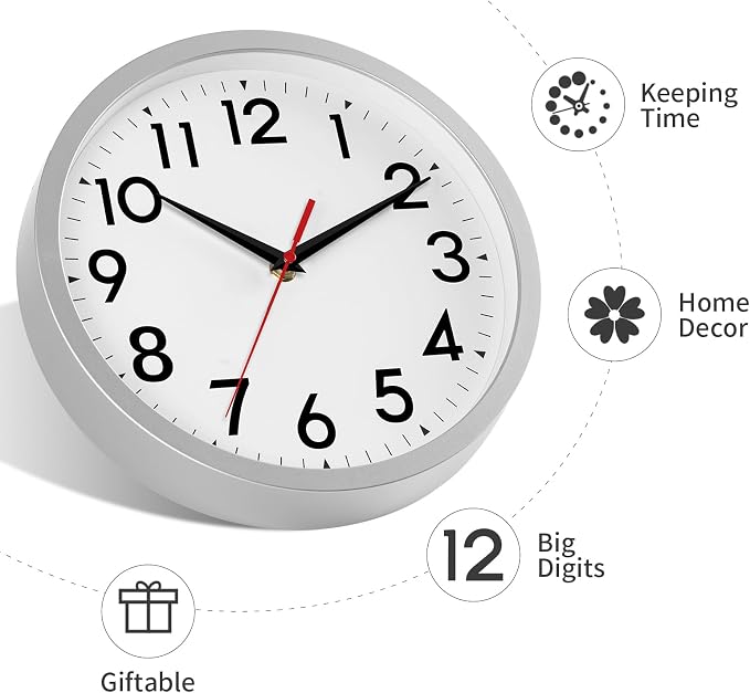 DAXSMY 14 Inch Wall Clock Large Battery Operated Big Silent Non Ticking Analog Decorative for Living Room Office Kitchen Outdoor Classroom Bedroom Bathroom School Home(Silver)
