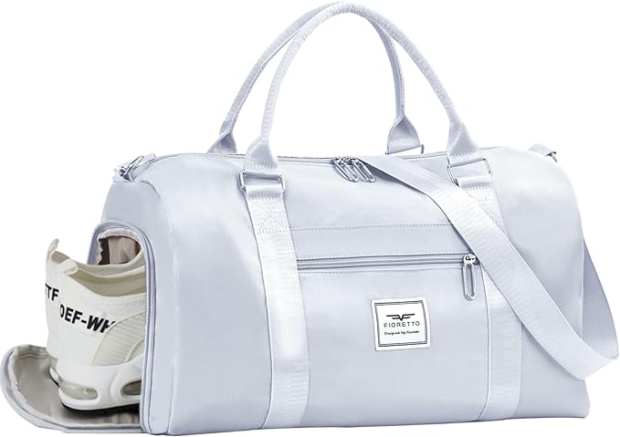FIORETTO Womens Gym Tote Duffle Bag with Wet Pocket & Shoe Compartment, Sports Duffel Overnight Weekender Hospital Workout Carry on Bag for Girls, Ideal for Travel, Swimming, Dance, Ballet Grey