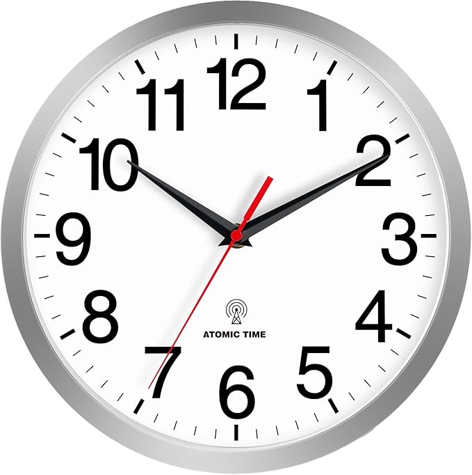 Rohioue Atomic Wall Clock Modern 10 Inch Battery Operated Analog Clock Decorative for Bedroom Kitchen Bathroom Office Home Living Room (Silver)