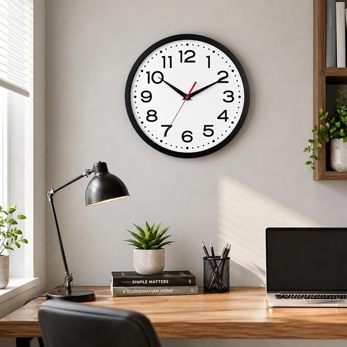 Roymnie Wall Clock Silent Non-Ticking Modern Clock Battery Operated 14 Inch Classic Analog Decorative for Classroom, Living Room, Office, Bedroom, School, Hotel (Black)