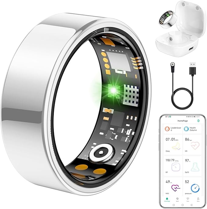 Ring Health Tracker for Women Men, Fit Ring with Heart Rate, Blood Oxygen, Sleep Monitor, Calories, Step Counter, IP68 Waterproof Smart Ring for iPhone & Android, No Subscription Fee (Silver, 11#)