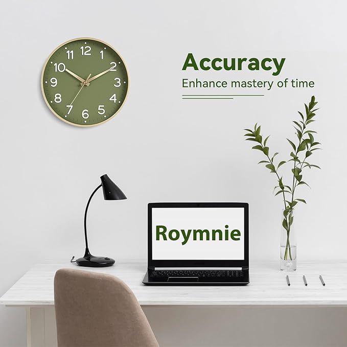Roymnie Wall Clock Green, 10 Inch Silent Wall Clocks Battery Operated-Modern Non Ticking Analog Clock Decorative for Kitchen Bedroom Office Bathroom(Gold)