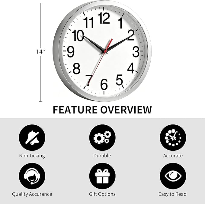 Rohioue 14 Inch Wall Clock Modern Battery Operated Silent Non Ticking Analog Clock Decorative for Bedroom Kitchen Bathroom Office Home Living Room (Silver)