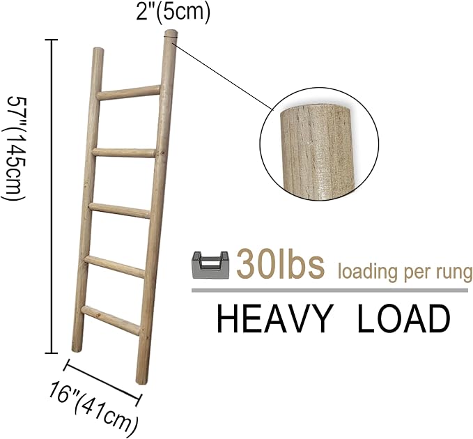 Wooden Blanket Ladder - 57in Natural Wood Color- Leaning Wall Decor for Bedroom, Bathroom, Living Room - Rustic Quilt Holder (Natural Wood Color, 57in | Knock Down)