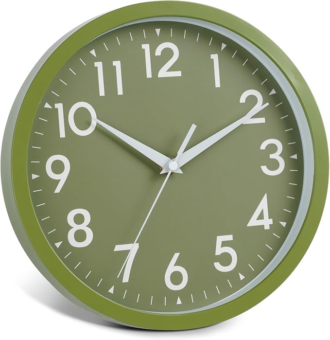 DAXSMY Wall Clock Analog 10 Inch Simple Silent Non Ticking Battery Operated Modern Decorative for Kitchen Office Bedroom Bathroom Living Room(Olive Green)