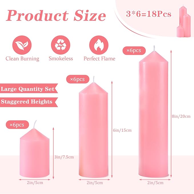 18 Pcs Pink Pillar Candles Bulk Set，Hurricane Candlesï¼? Different Lengths (6 Each)，Dripless Unscented Smokeless，Gives You a Better Atmosphere When Organizing Wedding or Event Party.