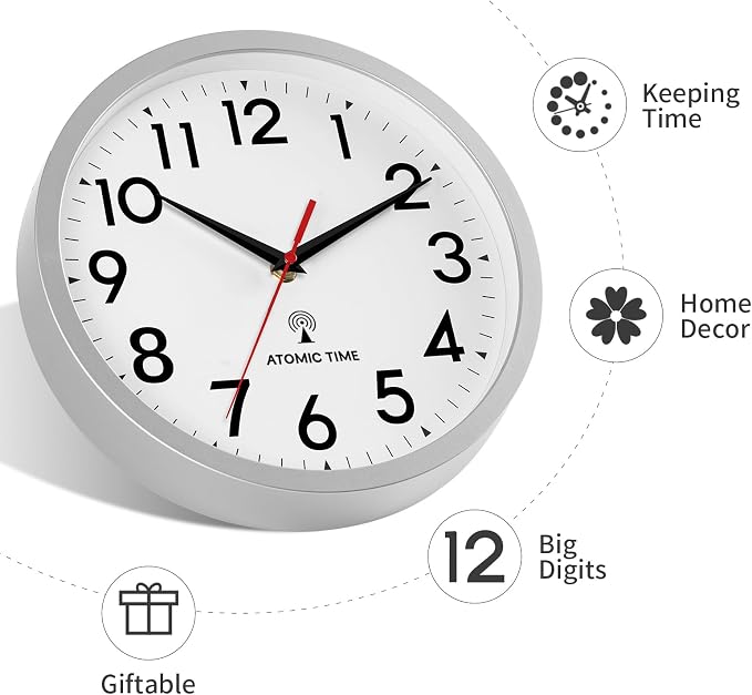 DAXSMY Atomic Wall Clock Analog 10 Inch Battery Operated Modern Decorative for Living Room Kitchen Office Bedroom Bathroom(Silver)
