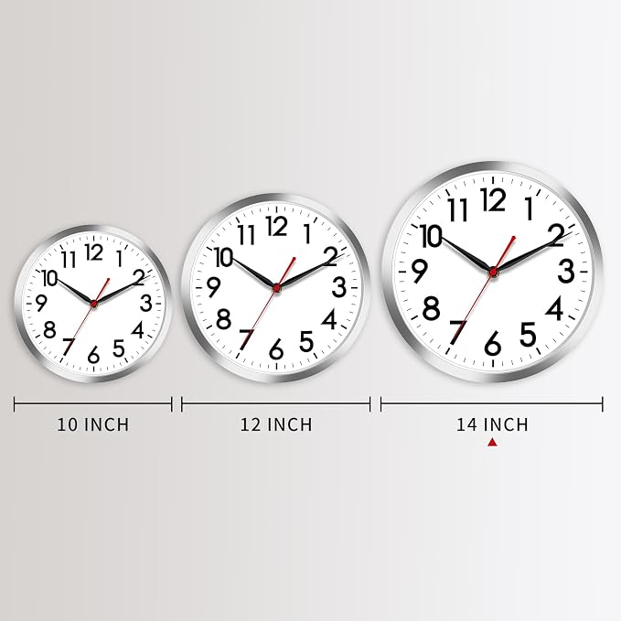 AKCISOT Wall Clock 14 Inch Large Silent Wall Clocks Battery Operated, Silver Modern Non-Ticking Clock Decorative for Living Room,Kitchen,Bathroom,Bedroom,Office,Home,Classroom,School