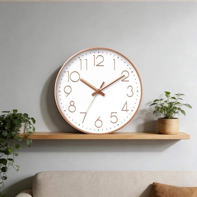 DAXSMY Wall Clock - 14 Inch Silent Non-Ticking Modern 3D Wall Clocks Battery Operated - Decorative Clock for Kitchen, Home Office, Bathroom, Bedroom, Living Room(Rose Gold)