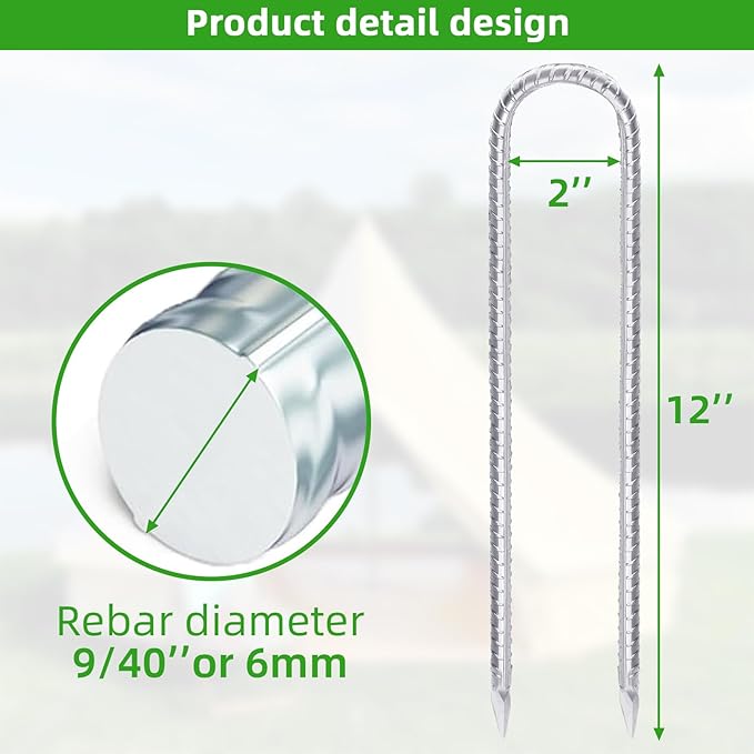 Trampoline Stakes Anchors High Wind 12inx6mm Galvanized U Hook 20pcs Rebar Stakes – Heavy Duty Ground Anchors for Trampoline,Yard & Inflatable,Landscape Metal Stakes for Outdoor Decorations