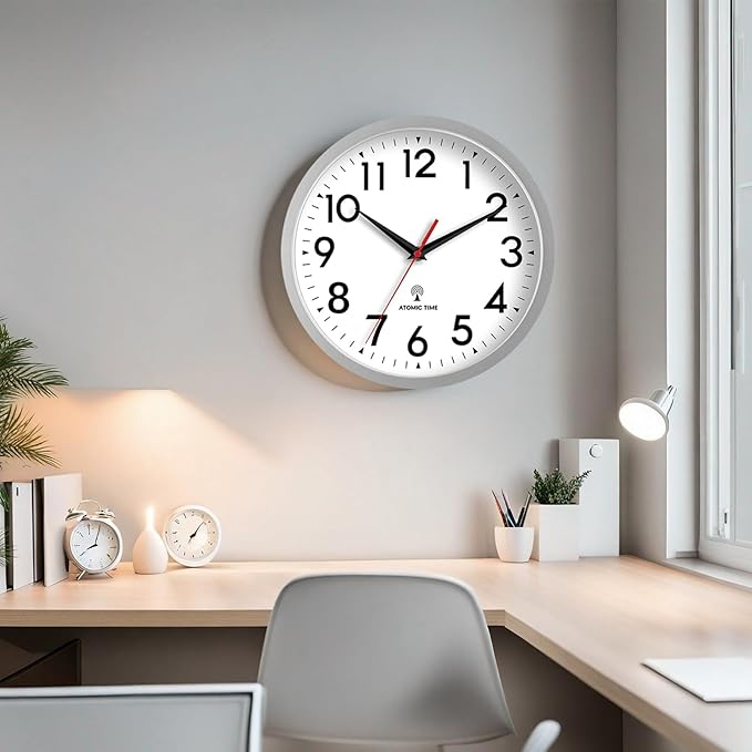 DAXSMY Atomic Wall Clock Analog 14 Inch Battery Operated Modern Decorative for Living Room Kitchen Office Bedroom Bathroom(Silver)