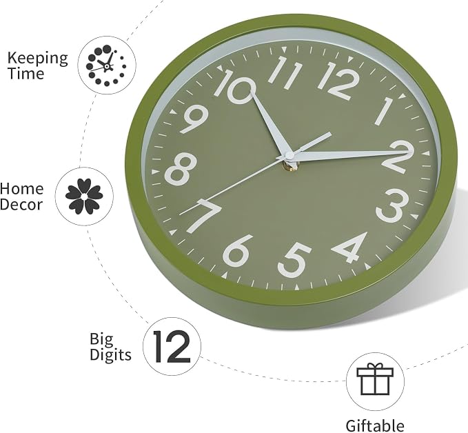 DAXSMY Wall Clock Analog 10 Inch Simple Silent Non Ticking Battery Operated Modern Decorative for Kitchen Office Bedroom Bathroom Living Room(Olive Green)