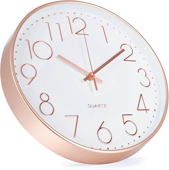 Wall Clock 10 Inch Non-Ticking Silent Modern Simple Style Round Decor Clock Rose Gold Stereoscopic Dial Quartz Wall Clocks for Home/Office/School/Living Room/Bedroom/Kitchen