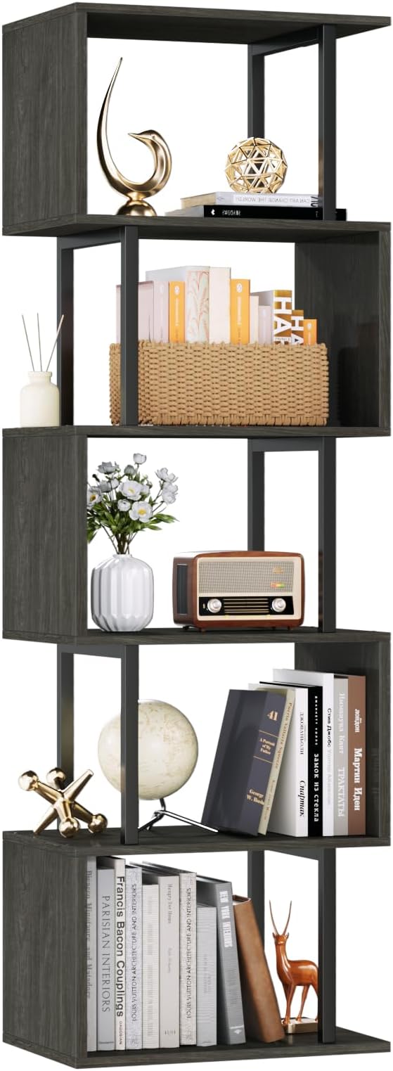 Furologee 6 Tier Bookshelf Tall Geometric Bookcase, S Shaped Industrial Display Standing Shelf, Metal and Wood Decorative Storage Room Divider Rack for Bedroom, Living Room, Office, Light Black Oak