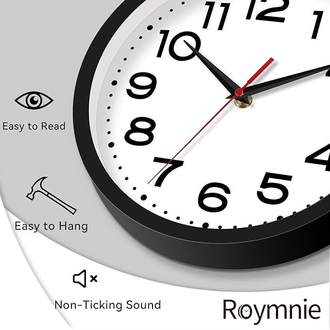 Roymnie Wall Clock Silent Non-Ticking Modern Clock Battery Operated 8 Inch Small Classic Analog Decorative for Classroom, Living Room, Office, Bedroom, School, Hotel (Black)