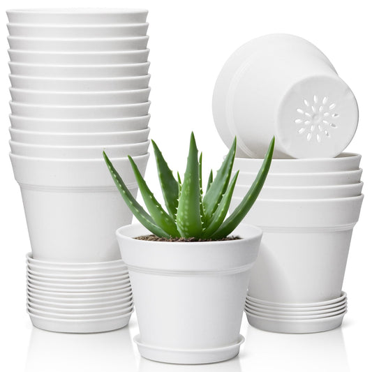 T4U Flower Pots 18-Pack, 5 Inch Plant Pot with Saucer and Drainage Hole, Durable Plastic Flower Pots, Small Pots for Plants, Violet, Succulent and Indoor Plant Decorative (18 Pack 5" Pot, White)