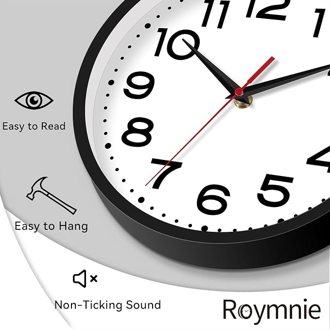 Roymnie Wall Clock Silent Non-Ticking Modern Clock Battery Operated 16 Inch Classic Analog Decorative for Classroom, Living Room, Office, Bedroom, School, Hotel (Black)