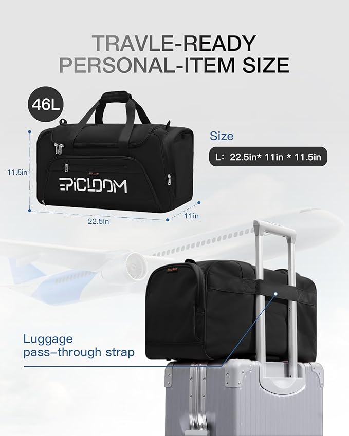 Gym Bag for Men Women, 46L Travel duffel Bag with Shoes Compartment, Weekender Overnight Bag with Wet Pocket, Carry On Bag for Workout Football