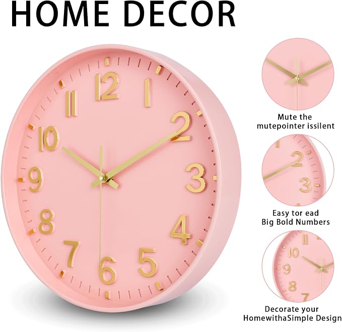 HZDHCLH Wall Clocks Battery Operated,Wall Clock Pink Gold 12 inch Wall Clock Silent Non Ticking Modern 3D Numbers for Office Kitchen Classroom Bedroom Living Room Decor