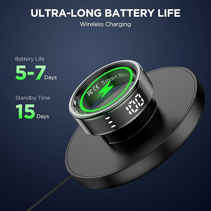 Smart Ring Health Tracker with Display Screen, Sleep Tracker Ring with Heart Rate, Fitness Ring Step tracker for Activity Monitoring/Steps/Calories,Wireless Charging, for iOS Android (Silver,8#)