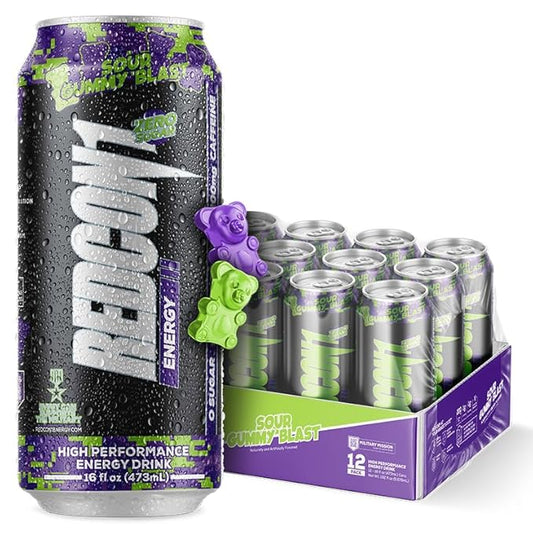 REDCON1 Energy High Performance Drink, Sour Gummy Blast - Zero Sugar Energy Drink with Alpha GPC Nootropic - 200mg Natural Caffeine from Green Coffee Beans - Vitamin B6, B12 & B5 to Boost Mood (12 ct)