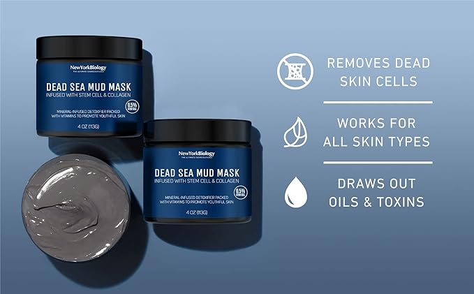 New York Biology Dead Sea Mud Mask for Face, Body | with Stem Cell and Collagen | Spa Quality Pore Refiner for Oily Skin | Natural Skincare for Women, Men | Tighten Skin | 4 oz (Pack of 2)