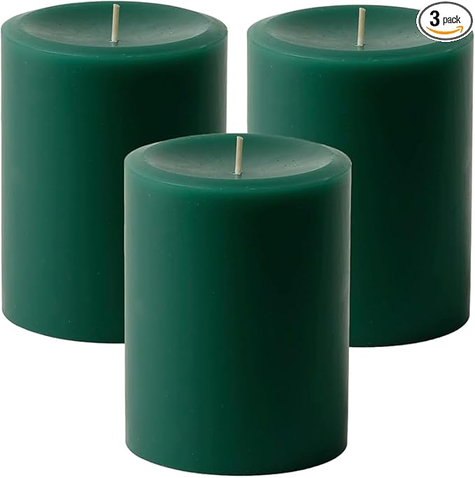 Mister Candle Dripless Unscented Pillar Candles, Set of 3 Hand Poured Solid Color Non-Scented Candles for Home Decor, Premium Wax, 60 Hr Burn Time - 3x4 Inch, Green