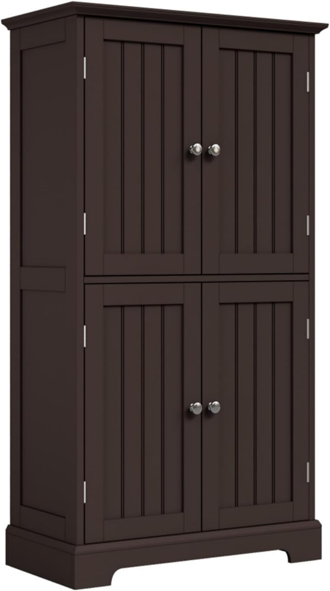 ChooChoo Bathroom Floor Cabinet, Modern Bathroom Storage Cabinet with 4 Doors and Adjustable Shelves, Freestanding Cupboard for Living Room, Espresso