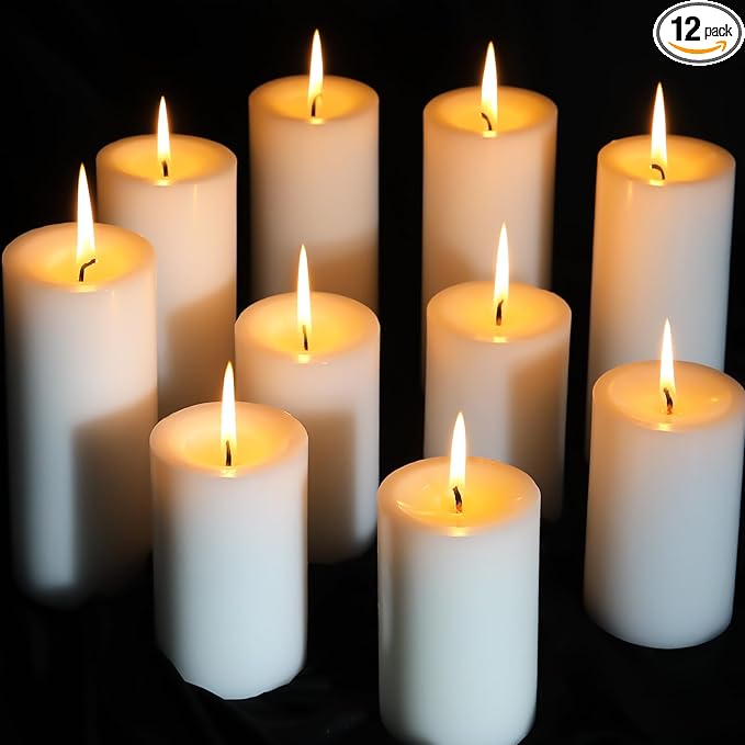 12 White Pillar Candles, 3x4 Inches Unscented Pillar Candles for Home,Wedding,Church, Dripless and Smokeless Table Candles Pillar, White Candles for Party, Relaxing, Approx 50 Hours Long Burning Time