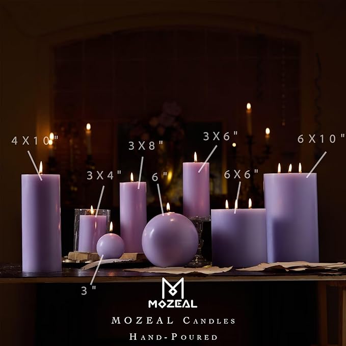 MOZEAL 3" x 6" Hand-Poured Unscented Candle,Dripless Pillar Candle Set of 3, Long Lasting Burning,Approx 120 Hours Burn Time,Rustic Country Style, for Serene Evenings, Relaxing Lavender Decor,Lavender