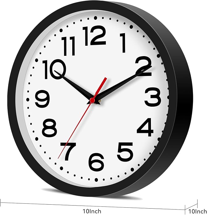 Roymnie Wall Clock Silent Non-Ticking Modern Clock Battery Operated 10 Inch Classic Analog Decorative for Classroom, Living Room, Office, Bedroom, School, Hotel (Black)