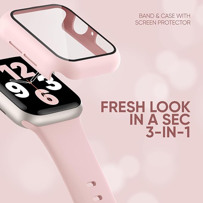 Compatible for Apple Watch Band 44mm 45mm and Case with Screen Protector, Soft Silicone Sport Strap Bands and Protective Cover with Tempered Glass for iWatch Series 9 8 7 SE 6 5 4